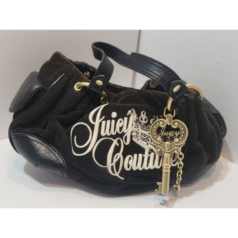 Vtg Rare Juicy Couture Black Velour Embroidered Handbag with Charm